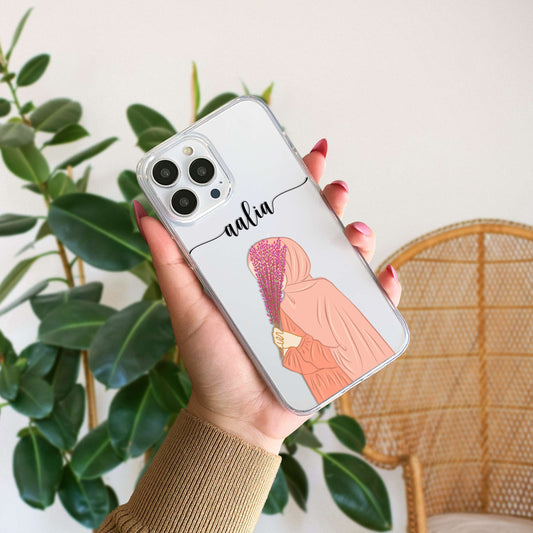 Hijab Girl Holding Flower Custom Name Transparent Silicone Phone Case Design 17