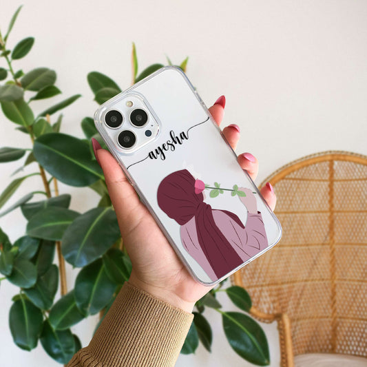 Hijab Girl Holding Flower Custom Name Transparent Silicone Phone Case Design 11