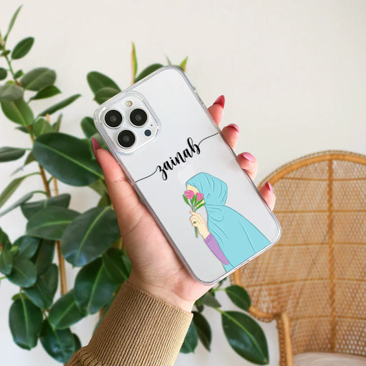 Hijab Girl Holding Flower Custom Name Transparent Silicone Phone Case Design 1