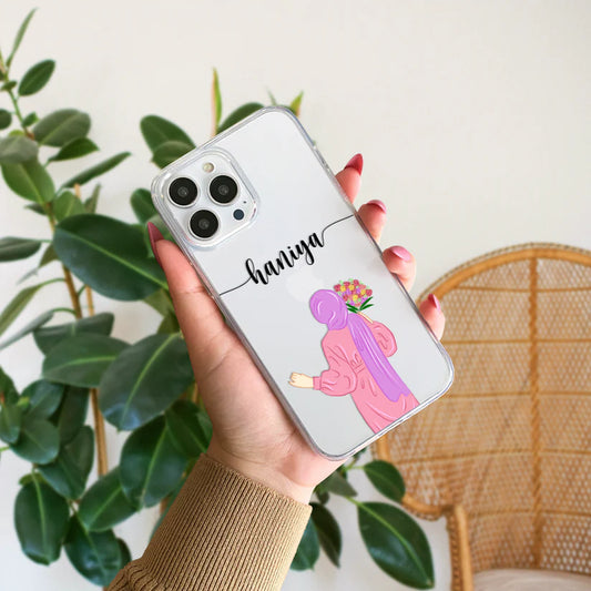 Hijab Girl Holding Flower Custom Name Transparent Silicone Phone Case Design 9