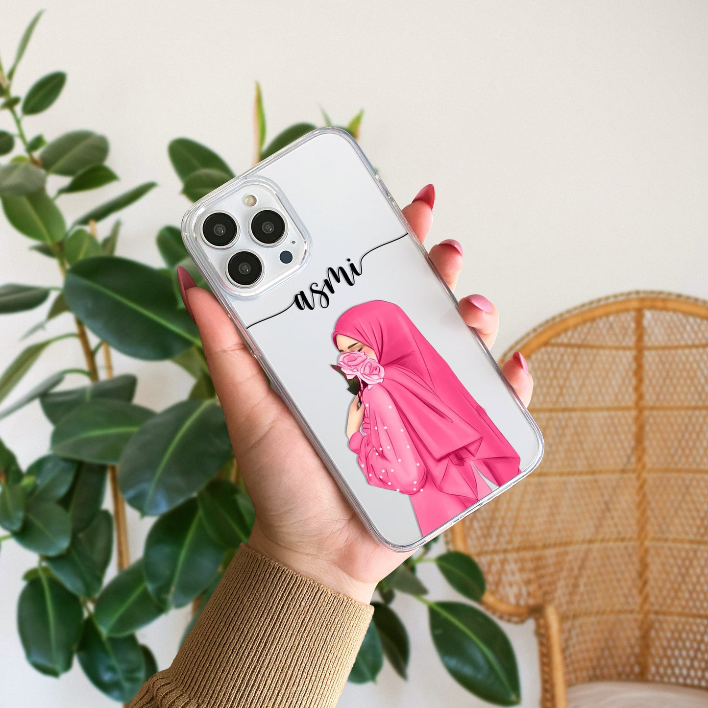 Hijab Girl Holding Flower Custom Name Transparent Silicone Phone Case Design 26