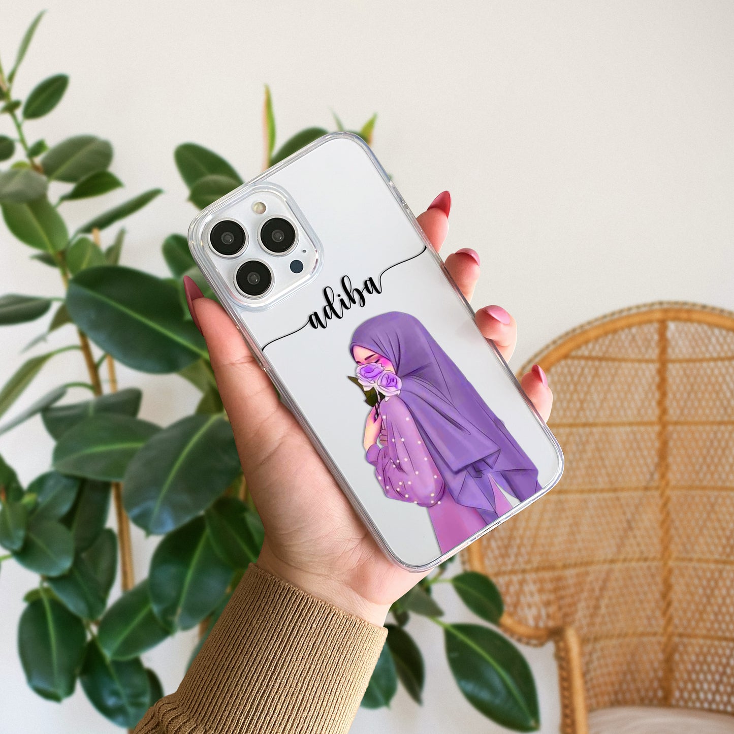 Hijab Girl Holding Flower Custom Name Transparent Silicone Phone Case Design 24