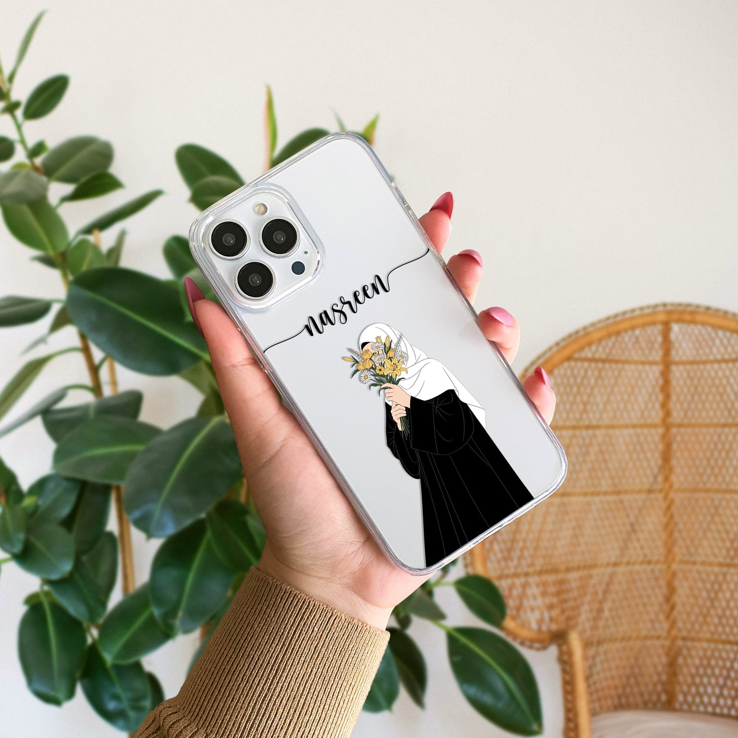 Hijab Girl Holding Flower Custom Name Transparent Silicone Phone Case Design 23