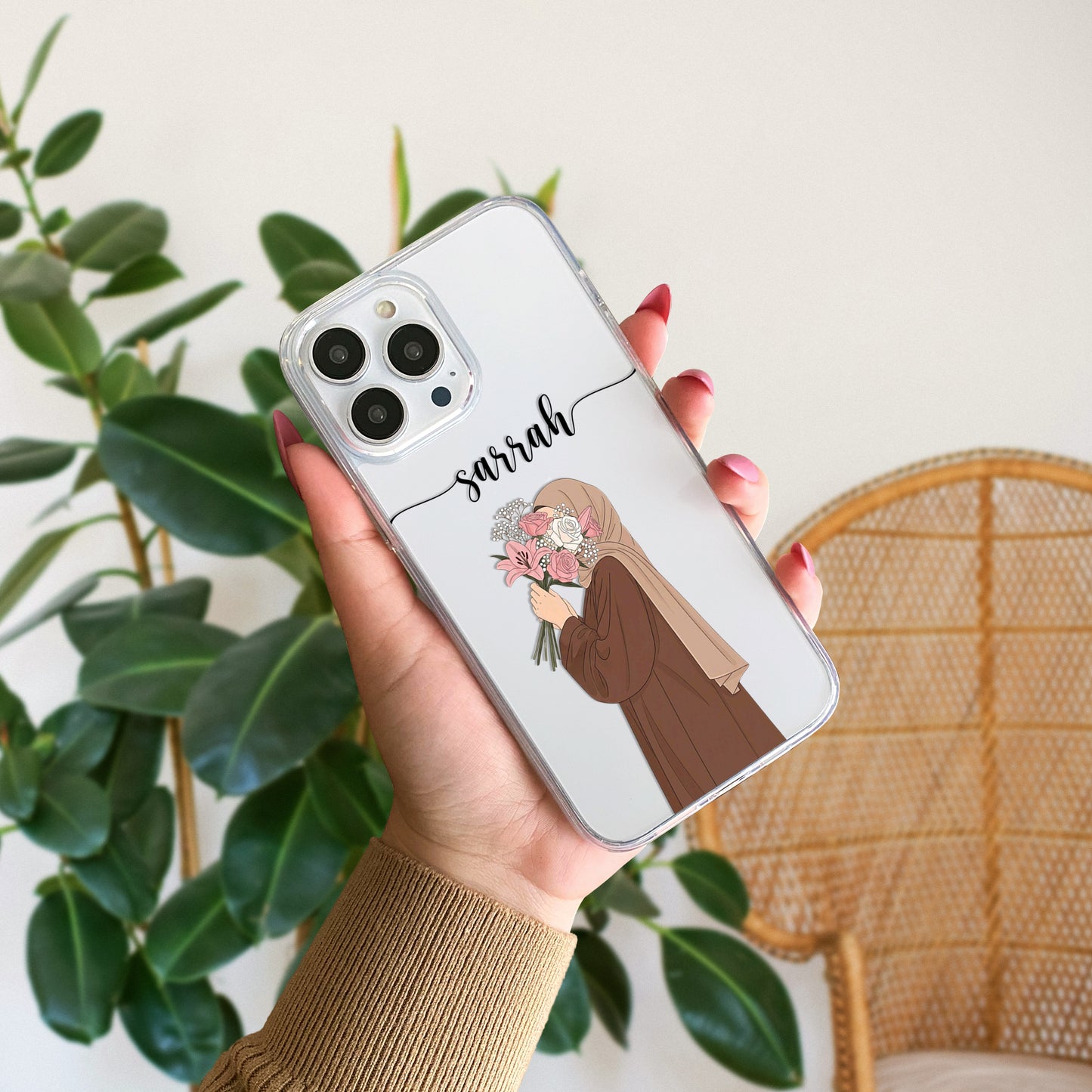 Hijab Girl Holding Flower Custom Name Transparent Silicone Phone Case Design 24
