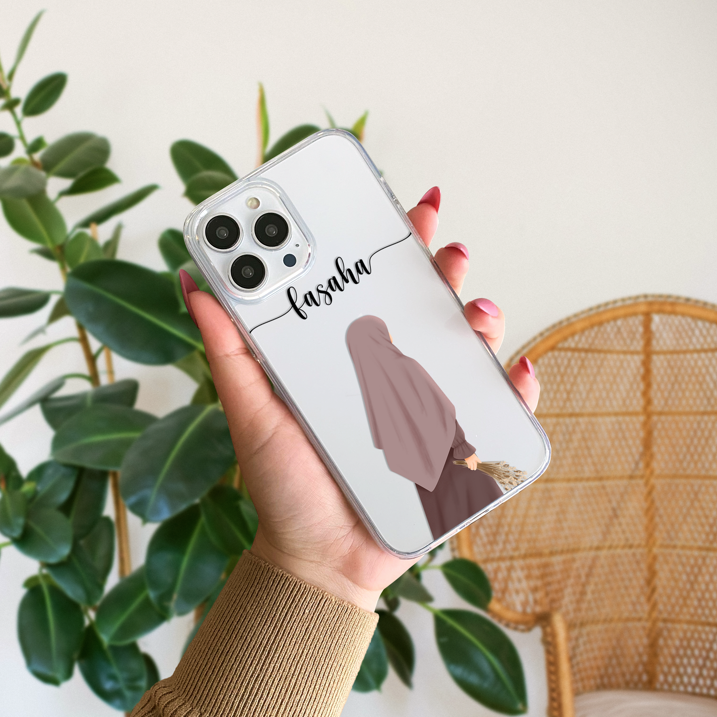 Hijab Girl Holding Flower Custom Name Transparent Silicone Phone Case Design 20