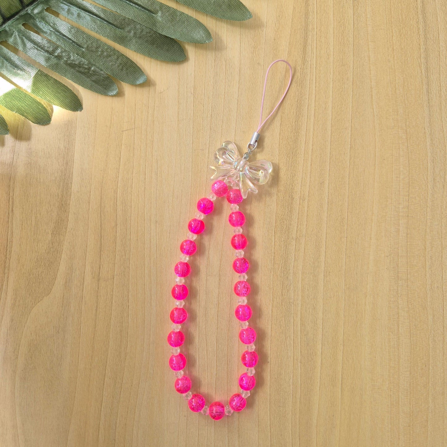 Cute Pink Bead Phone Charm with Clear Bow