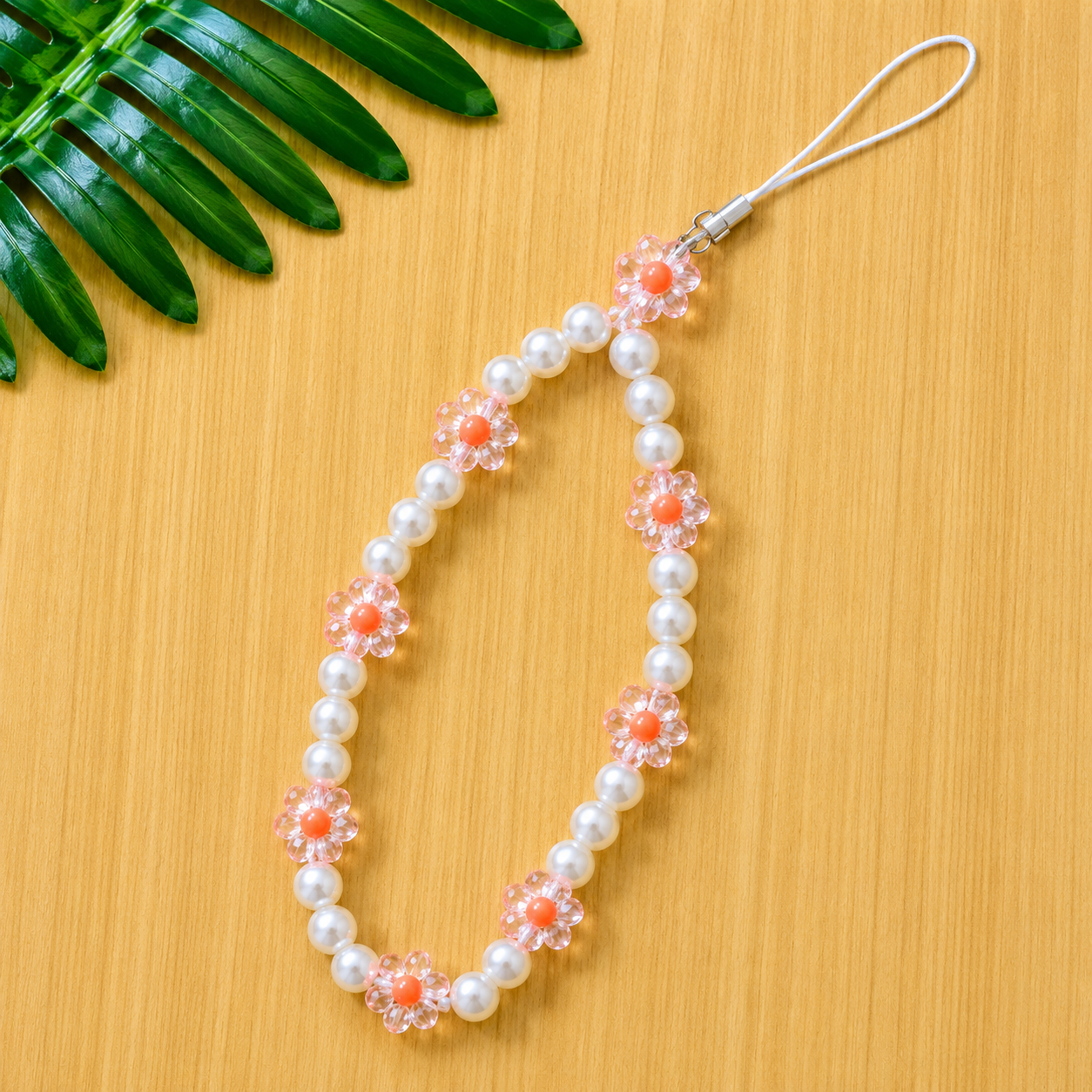White Orange Pearl Daisy Beaded Phone Charm