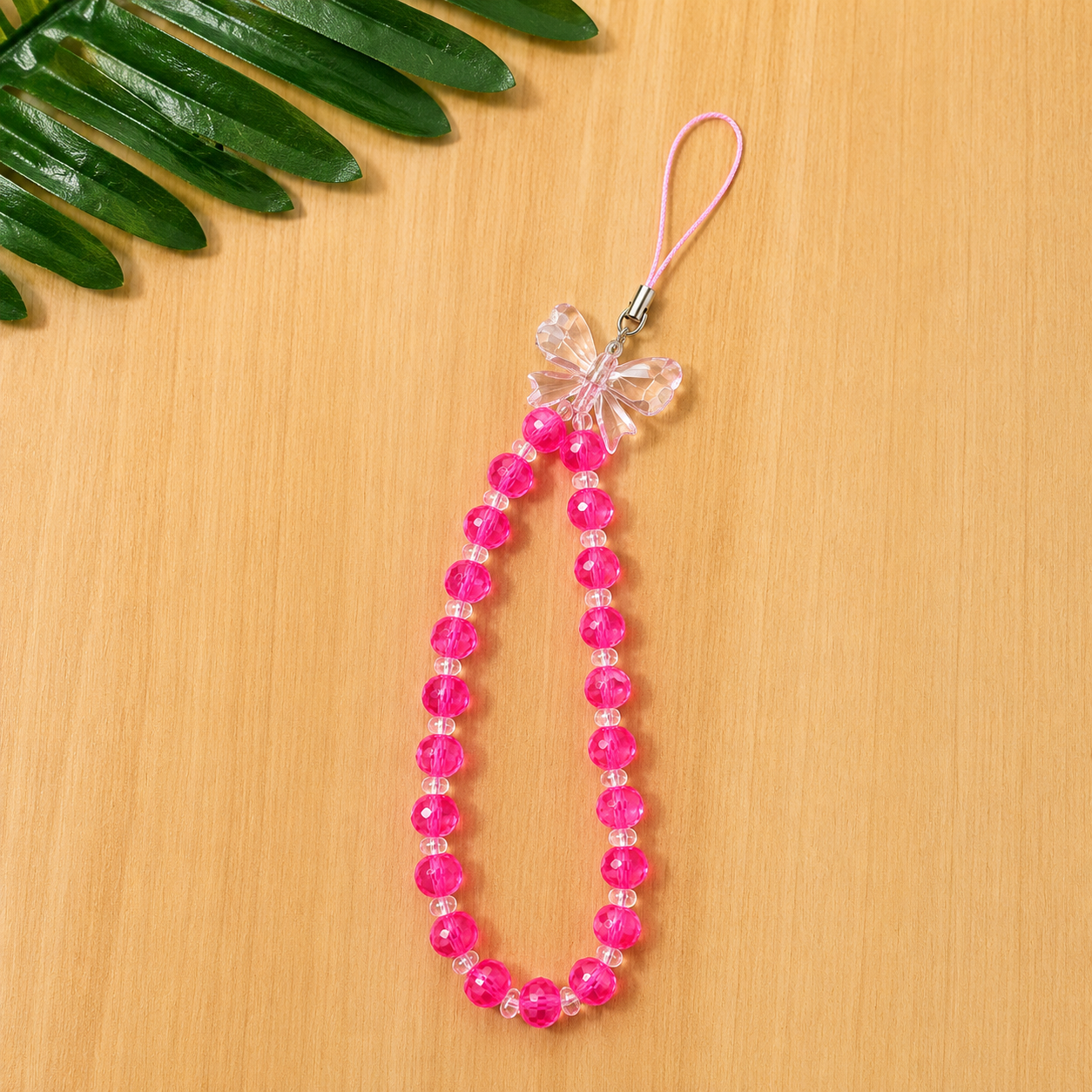 Cute Pink Bead Phone Charm with Clear Bow
