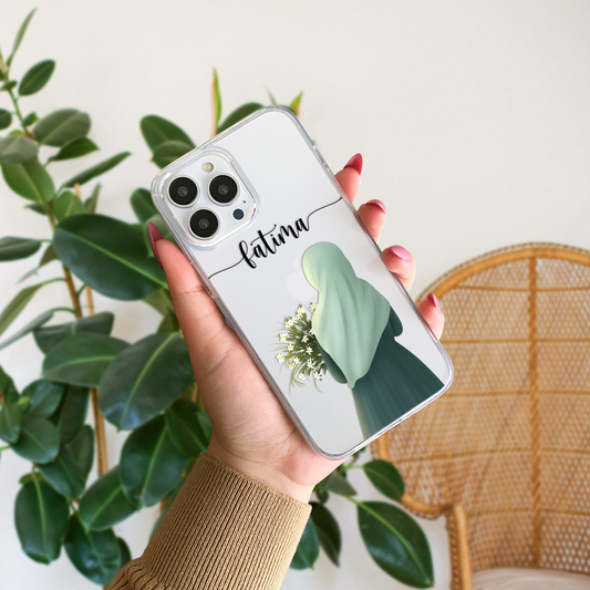 Hijab Girl Holding Flower Custom Name Transparent Silicone Phone Case Design 22