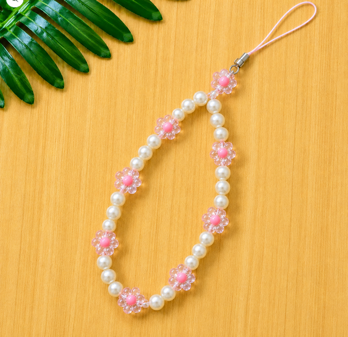 White Pearl & Pink Flower Mobile Hanging Strap
