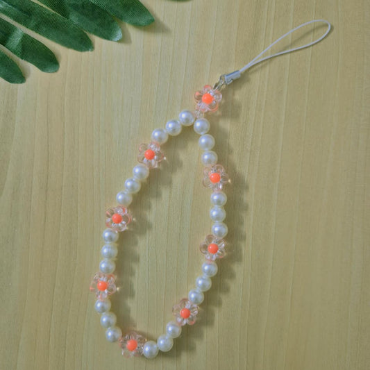 White Orange Pearl Daisy Beaded Phone Charm