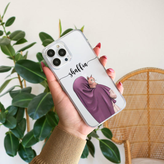 Hijab Girl Holding Cat Custom Name Transparent Silicone Phone Case Design 23