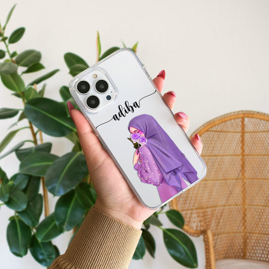 Hijab Girl Holding Flower Custom Name Transparent Silicone Phone Case Design 24