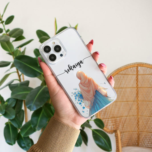 Hijab Girl Holding Flower Custom Name Transparent Silicone Phone Case Design 25