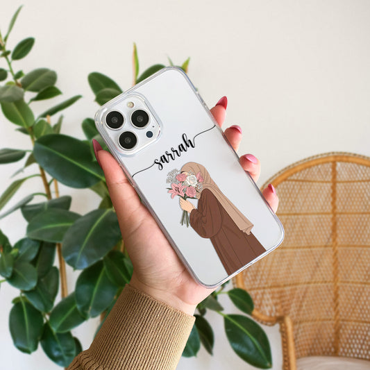 Hijab Girl Holding Flower Custom Name Transparent Silicone Phone Case Design 24