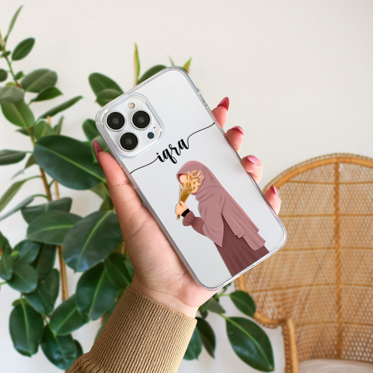 Hijab Girl Holding Flower Custom Name Transparent Silicone Phone Case Design 21