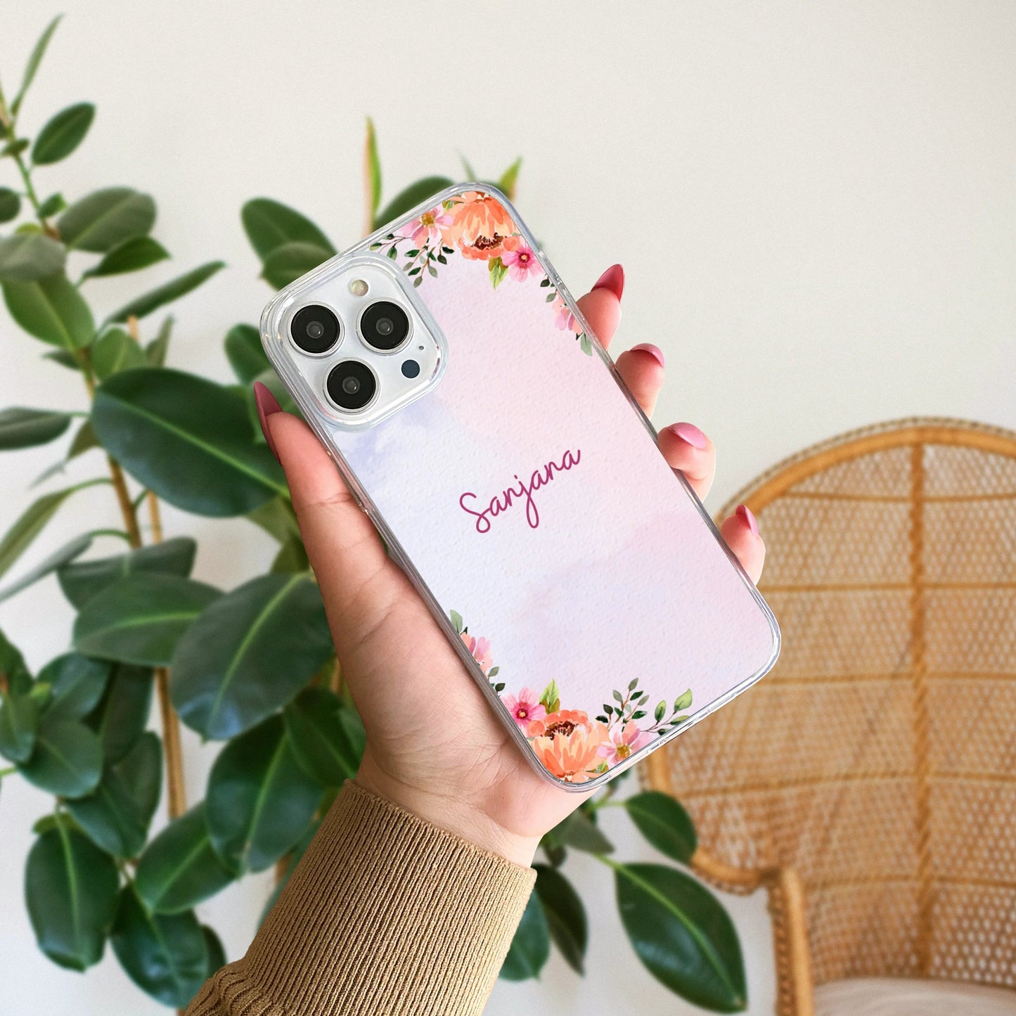 Oil Pastel Floral Customized Name Silicone Phone Case